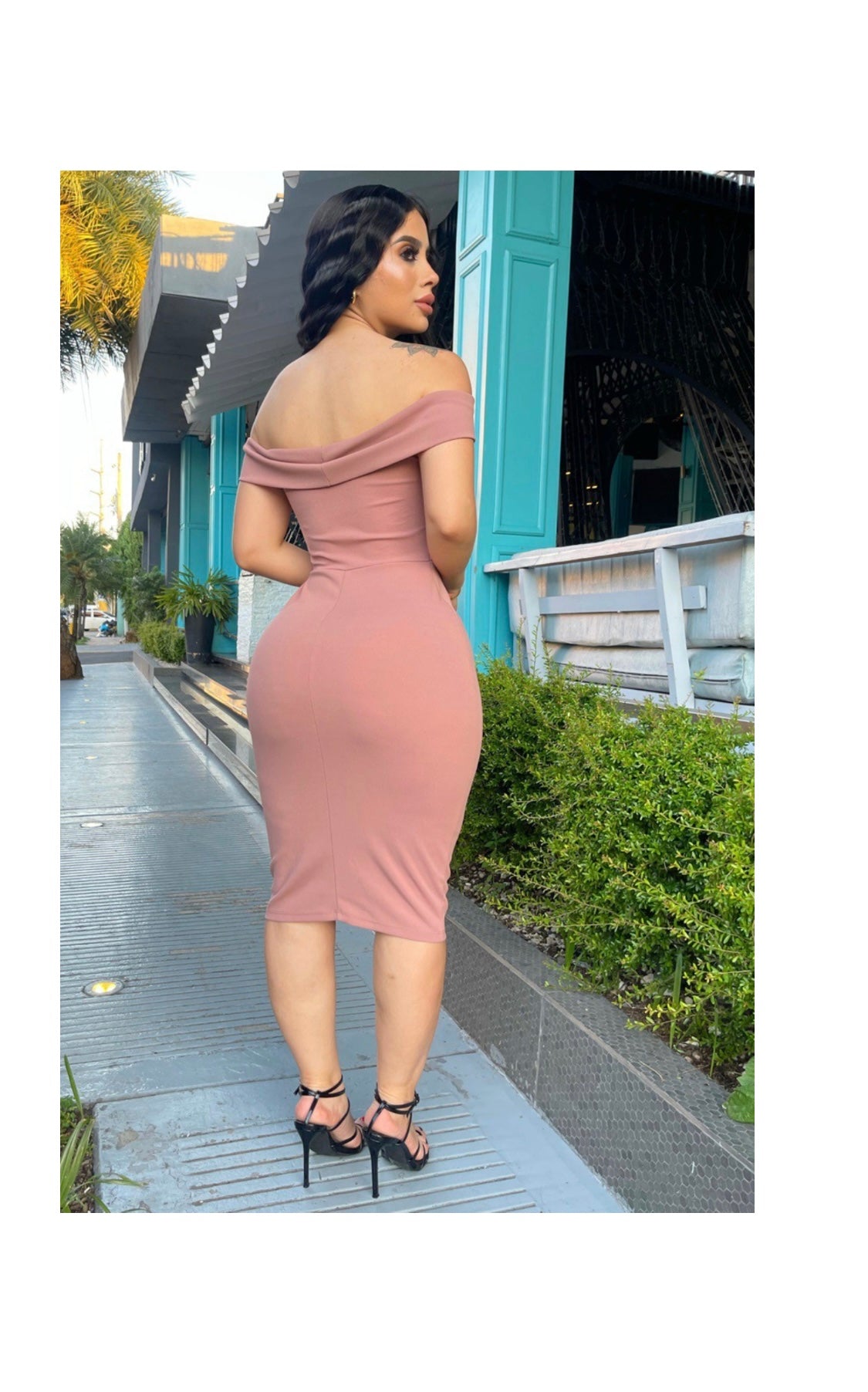Off the shoulder blush pink